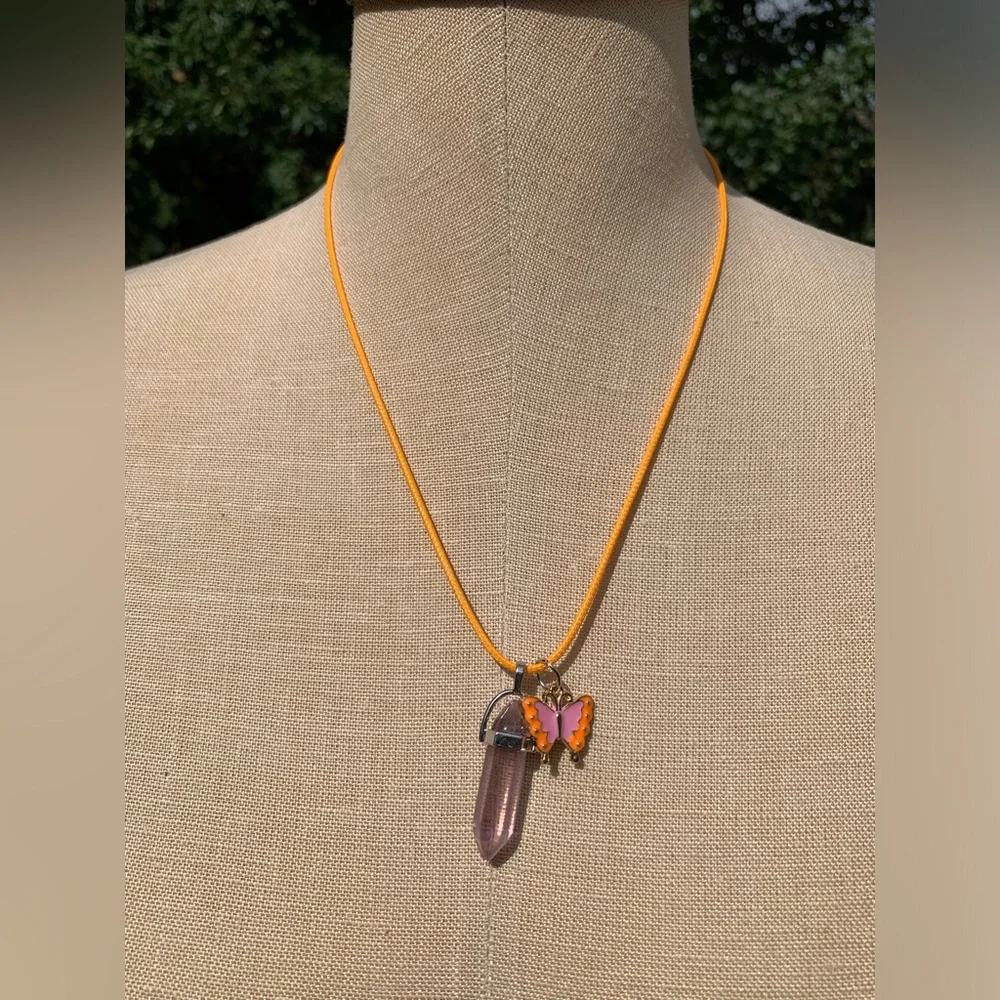 Handmade Dagger Light Pink Resin Crystal Amulet Necklace & Butterfly Charm - Picture 2 of 9